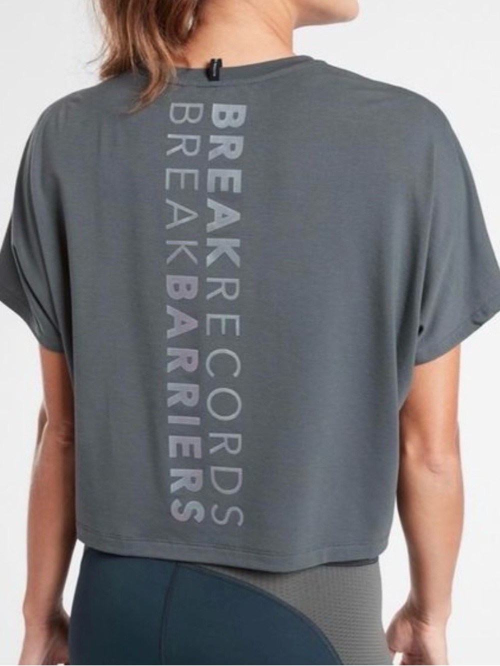 Athleta Allyson Felix Crew Neck Cropped Tee, Break Barriers, Gray, Sz. Small